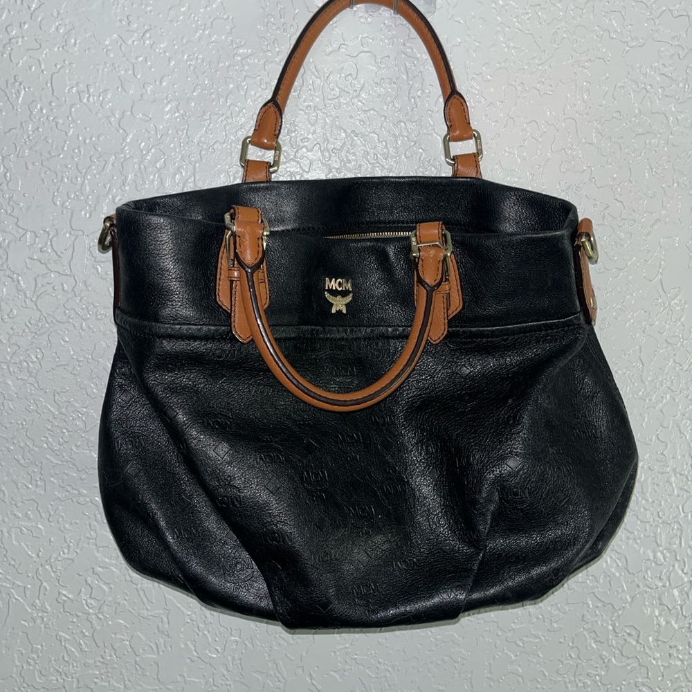 MCM Black and Tan Leather Tote Bag